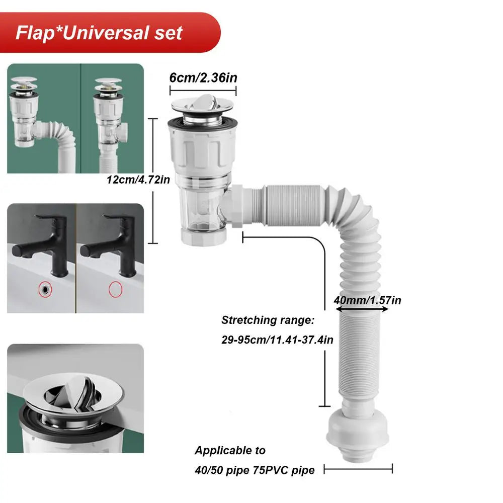 Siphon anti-odeur filtre déodorant rétractable, descente d'eau flexible, anti-obstruction.