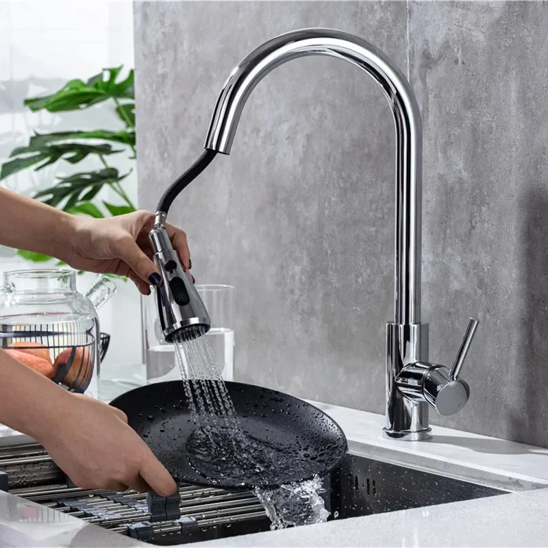 Mitigeur de cuisine intelligent avec commande tactile et douchette extractible et extensible, eau chaude et froide avec capteur tactile.