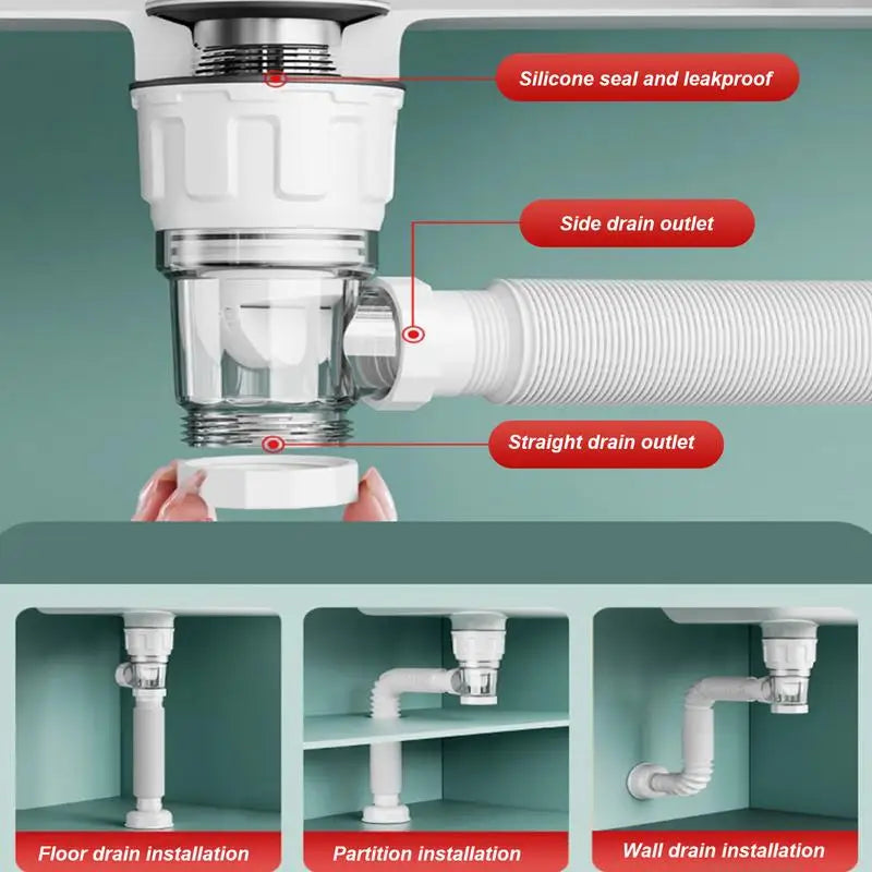 Siphon anti-odeur filtre déodorant rétractable, descente d'eau flexible, anti-obstruction.